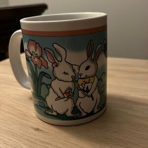VTG BUNNIES COFFEE MUG CUP EASTER PASTEL FLOWERS HEARTS BUNNY GREEN BLUE PINK